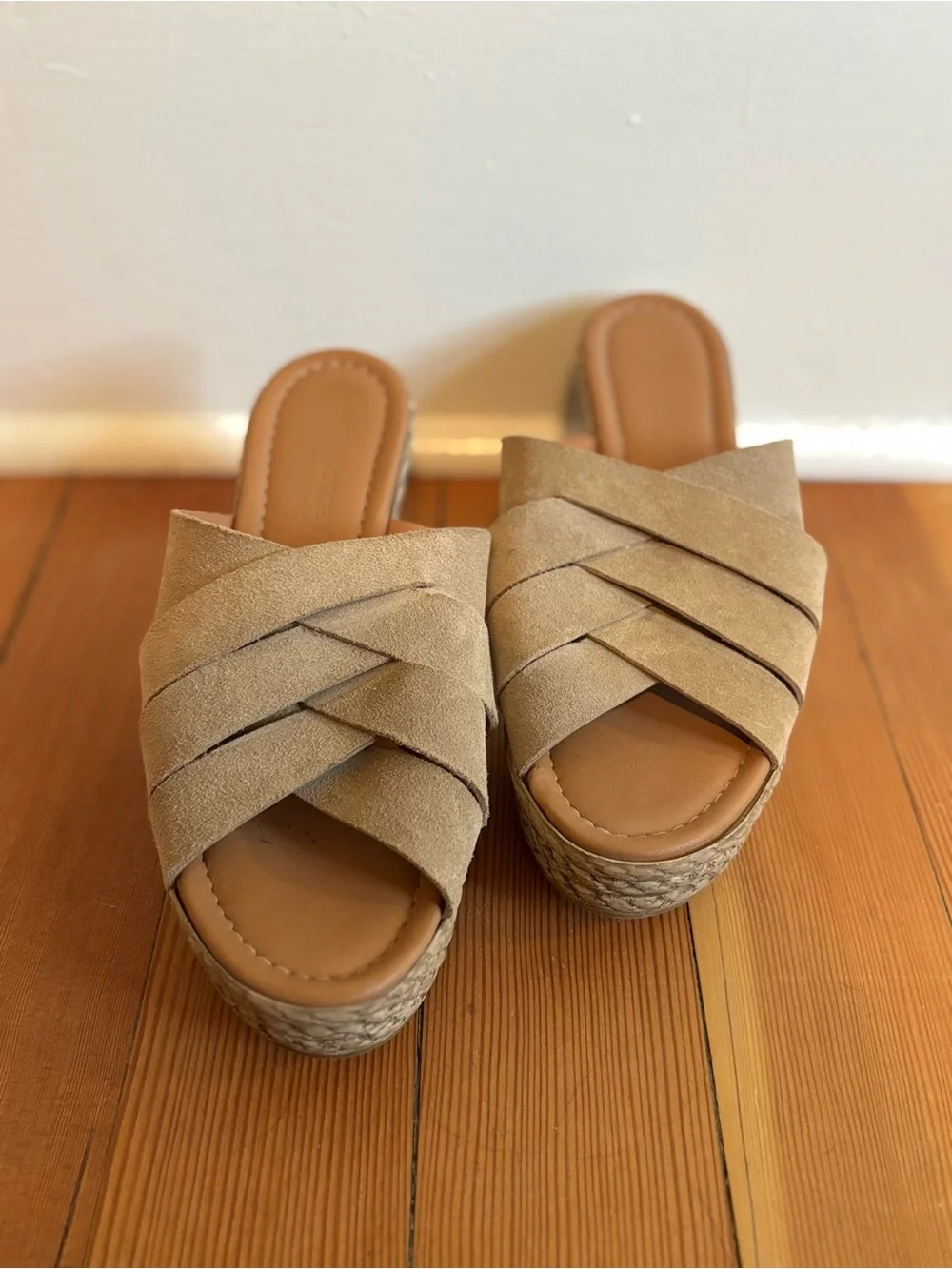 Womens Tan Suede Crisscross Espadrille Wedge Slide